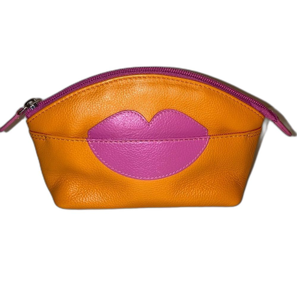 ILI New York Hot Lips Leather Cosmetic Makeup Case Bright Orange with Pink Lips